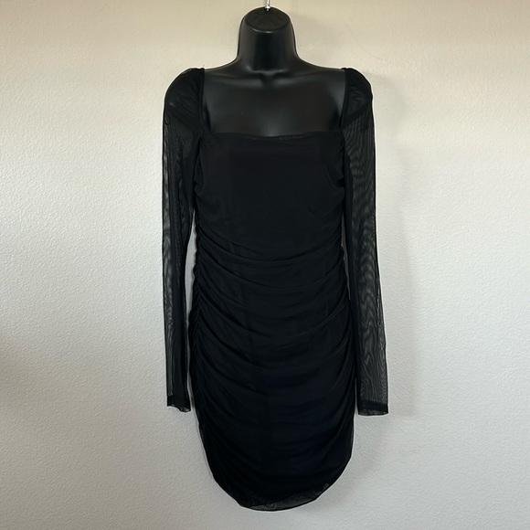 Princess Polly Charvi Black Mesh Long Sleeve Square Neck Ruched Mini Dress - Picture 4 of 11